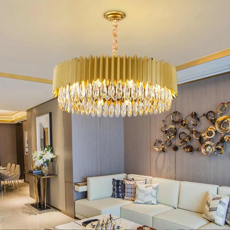 

E14 Post Modern Luxury Crystal Pendant Round Golden Chandelier Fashion Hanging Light Fixture Lamp Lustre Luminaire Living Room