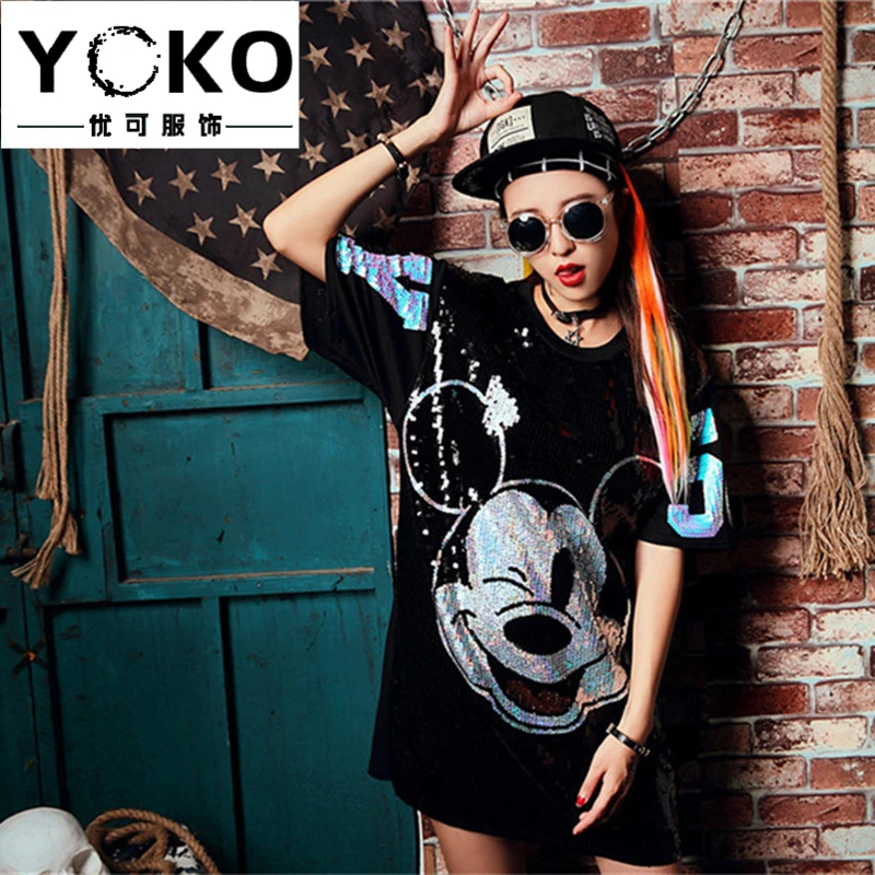 YOKO женская уличная Повседневная Свободная Блестящая футболка с круглым вырезом плюс размер платье с коротким рукавом Микки Минни Маус мультфильм клуб платья