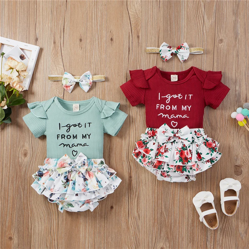 

3Pcs Newborn Baby Girls Summer Clothes Sets,Breathable Short Sleeve Rib Knit Letter Romper+Floral Shorts+Headband Set,0-24Months