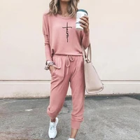 two piece sets women solid autumn tracksuits high waist stretchy sportswear print tops and leggings matching outfits
