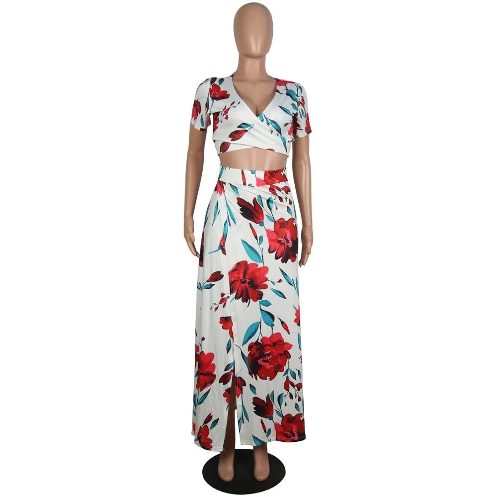 

Zoulv Female Two Piece Set Floral Print Casual Set Sexy V Neck Crop Top with Skirts High Split Elegant Beach Women Bodycon Suit