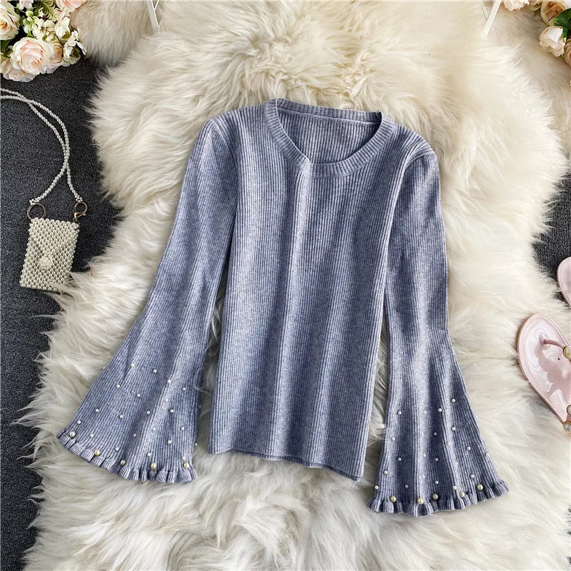 

Autumn Winter Sweet Beaded Flare Sleeve O-neck Sweater Women Long Sleeve Fashion Knitted Sweater Top