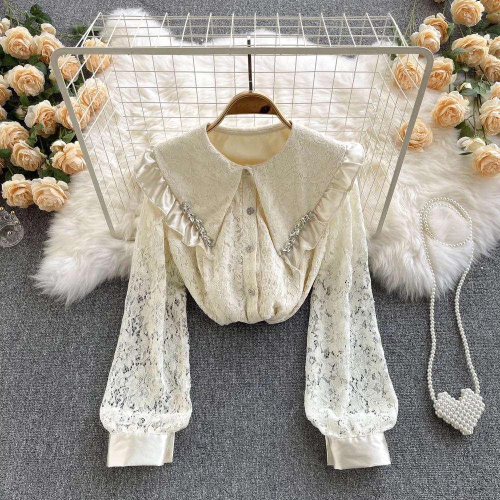 

Женская кружевная блузка с оборками и воротником «кукла», в западном стиле