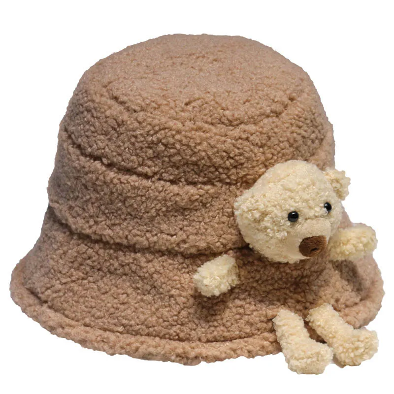 Hat Autumn Winter Women New Three-Dimensional Bear Bucket Hats Fashion Lmitate Lambswool Student Lovely Keep Warm Cap QDKPOTC