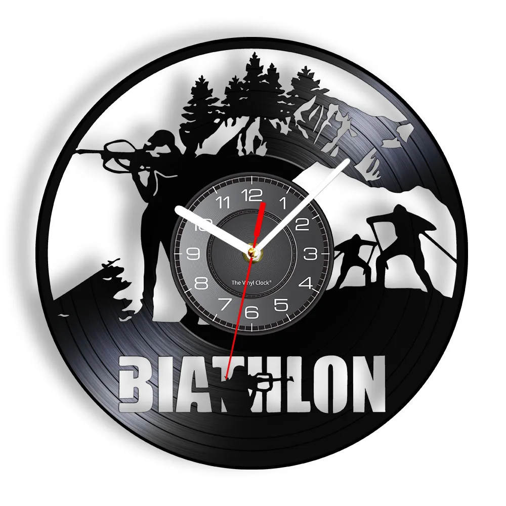 Biathlon Shooting Snowboard Inspired Vinyl Record Wall Clock Winter Sport Home Decor Cross Country Skiing Rifle Retro Timepieces