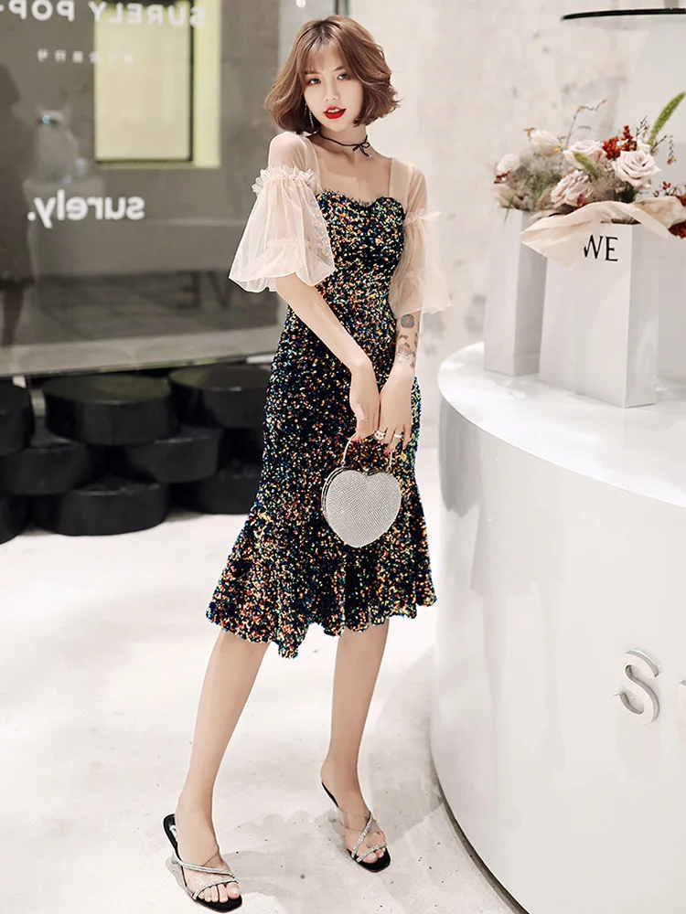 Женское вечернее платье с коротким рукавом открытой спиной и блестками|Вечерние