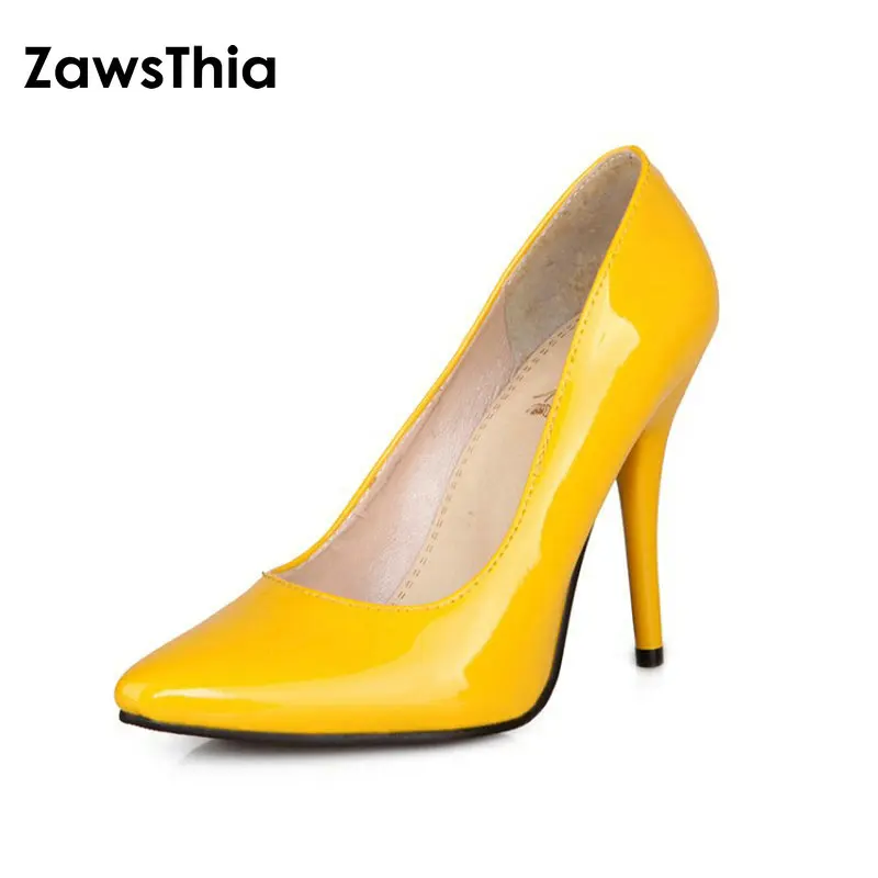

ZawsThia patent PU leather woman thin high heels colorful yellow green stiletto office lady pumps women shoes big size 46 47 48