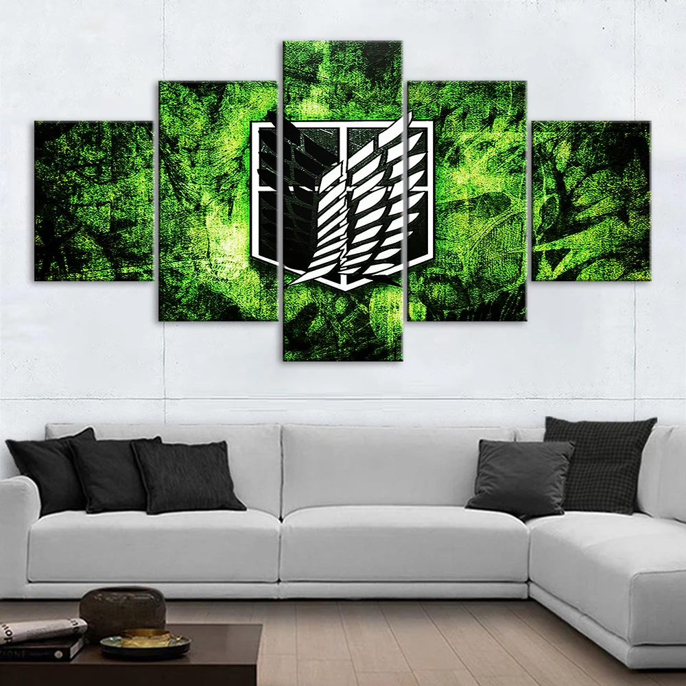 

5 Pieces Wall Art Attack on Titan Badge Poster Home Decoration Black Canvas Painting For Bedroom Modular Anime Picture Framewor
