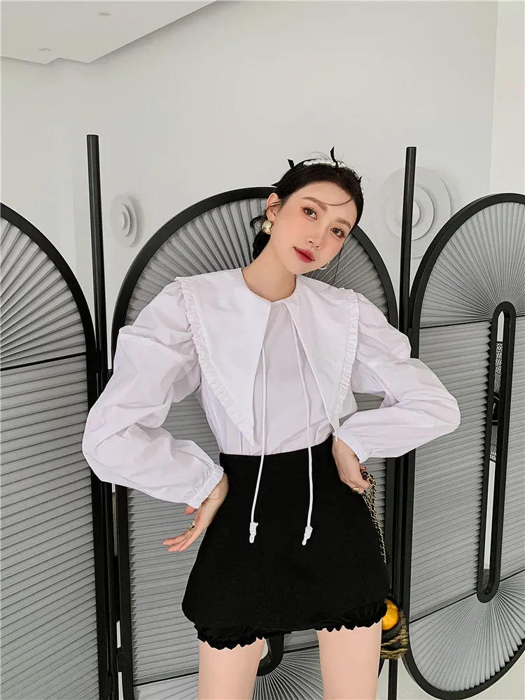 

ZCSMLL New Ruffle Turn-down Collar Long Sleeve Woman Shirt Korean Fashion Solid Color 2021 Spring Summer Female Tops W434