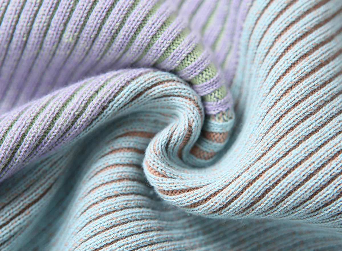 

2021 Summer Retro Fashion Round Neck Pullover Knitwear Puff Sleeve Stitching Contrast Color Knitted Tops Elegant Women T-shirt