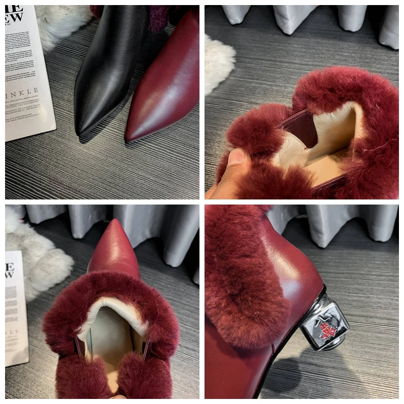 

ORCHA LISA Women Genuine Leather Ankle Boots Pointed Toe Strange Style Heel 5.5cm Rabbit Fur Pull On Big size34-43 Casual Winter