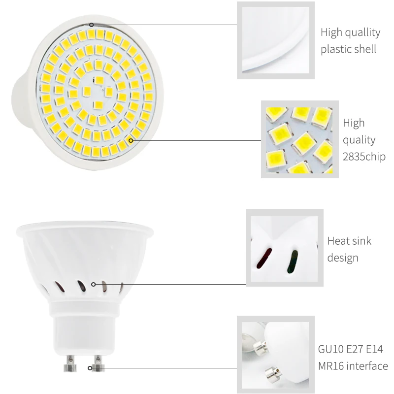 10 шт./лот GU10 MR16 LED E27 E14 Светодиодная лампа прожектор AC 220V 240V 48 60 80 LEDs Bombillas Ampoule Lamparas в