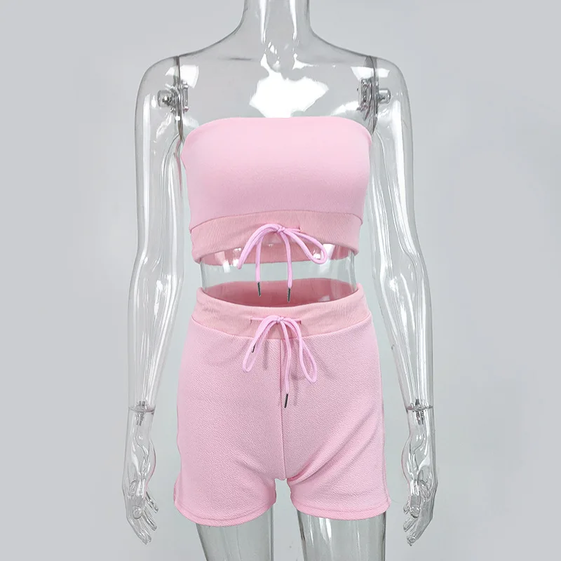 

Women 2 Piece Set Summer Fitness Drawstring Strapless Crop Top And Shorts Jogging Tracksuit Women's Sports Outfits