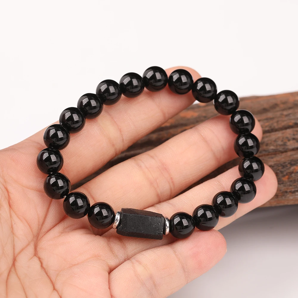 

10Pcs/Lot Natural Black Tourmaline Stone Nugget Beads 8mm Black Agates Round Beads Elastic String Bracelet Jewelry N0369JBD