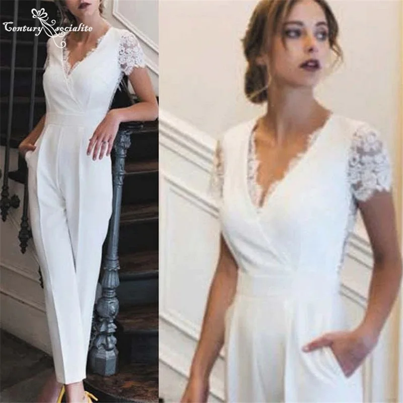 

Simple White Jumpsuits Boho Wedding Dresses 2021 Short Sleeve Pockets Bride Reception Jumpsuit Bridal Pantsuits Vestido De Noiva