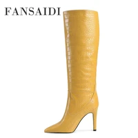 fansaidi winter pointed toe high heels pure color yellow apricot brown stilettos heels knee high boots ladies boots 41 42 43
