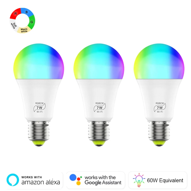 

Умная Светодиодная лампа с Wi-Fi, 100-240 В, 7 Вт, E27, RGB, CW, светильник цвета, диммируемая светодиодная лампа, работа с Alexa Google Home, Голосовое управлени...