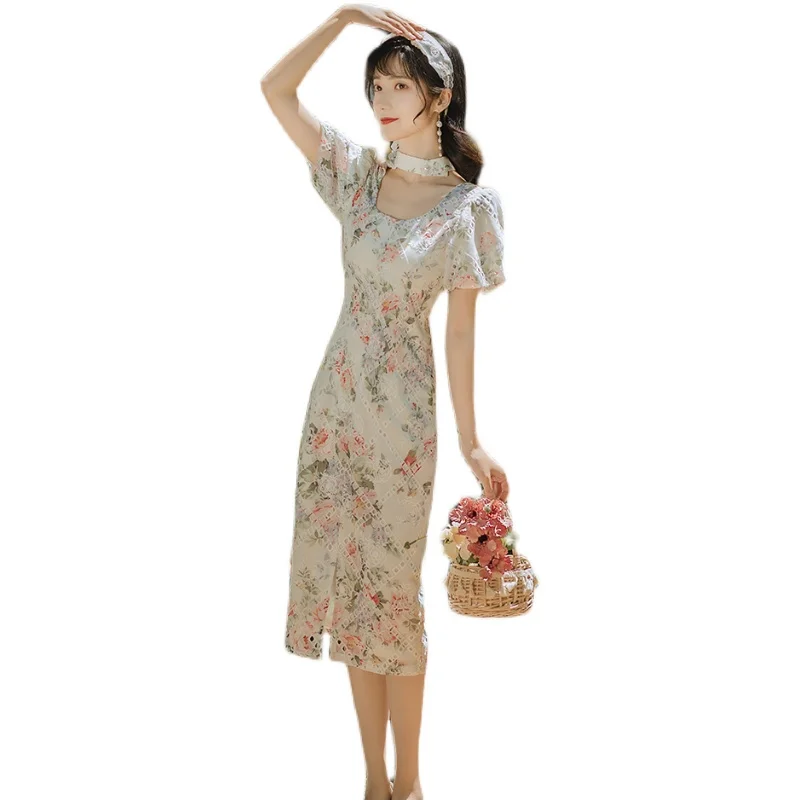 

Summer Women Vintage Dress Ladies Puff Sleeve Lolita Floral Elegant Midi Dress Split Cheongsam Female Robe 2021 Vestidos