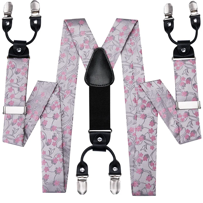 

Hi-Tie 100% Silk Adult Men's Suspenders Silver Pink Floral Vintage Fashion 6 Clips Braces for Men Wedding Work Suspender BowTie