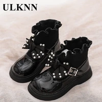 ulknn childrens winter knitting boots baby girl leather shoes kids fashion boots pearl bow princess shoes of teen girl 4 12y