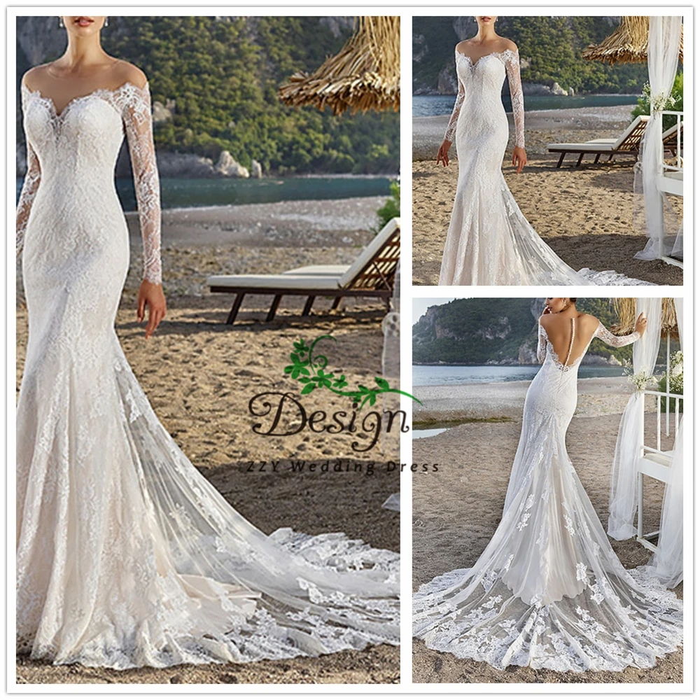 

2019 Romantic Scoop Beading White Illusion Full Sleeves Vestido De Noiva Curto Court Train Lace Dropped wedding dress mermaid