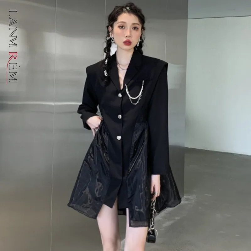 

LANMREM 2022 New Women Spring Autumn Solid Color Single Breasted Notched Ladies Long Sleeve Casual A-line Mini Dress 2J303