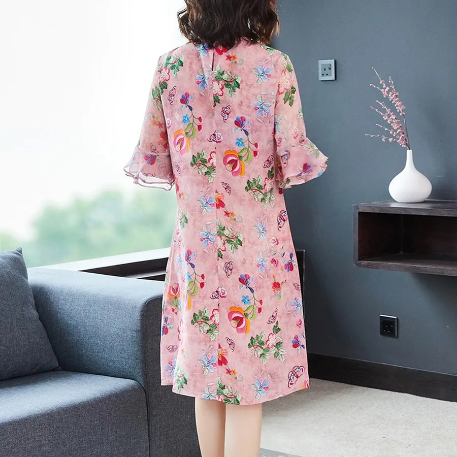 

2021 Summer High Quality Cheongsam Midi Silk Dress Vintage 3XL Plus Size Pink Print Runway Dresses Classy Women Bodycon Vestidos