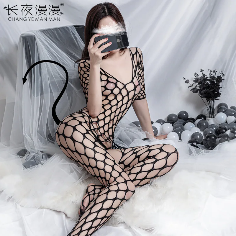 Women Sexy Lingerie Set, Perspective Passion Temptation High Elasticity Open File Net Stocking Uniform