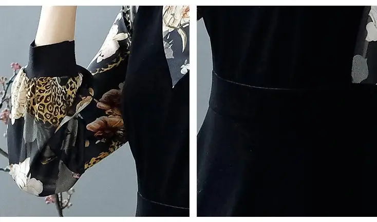 

Fall Vintage Womens Female Floral Printed Patchwork Black Velour Dress , 2018 Spring Autumn Woman Clothes Casual Velvet Dresses