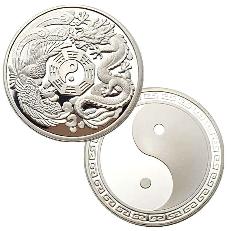 

2021 2pcs 4 styles of Chinese dragon and phoenix commemorative coins Bagua diagram golden silver challenge coin mexico