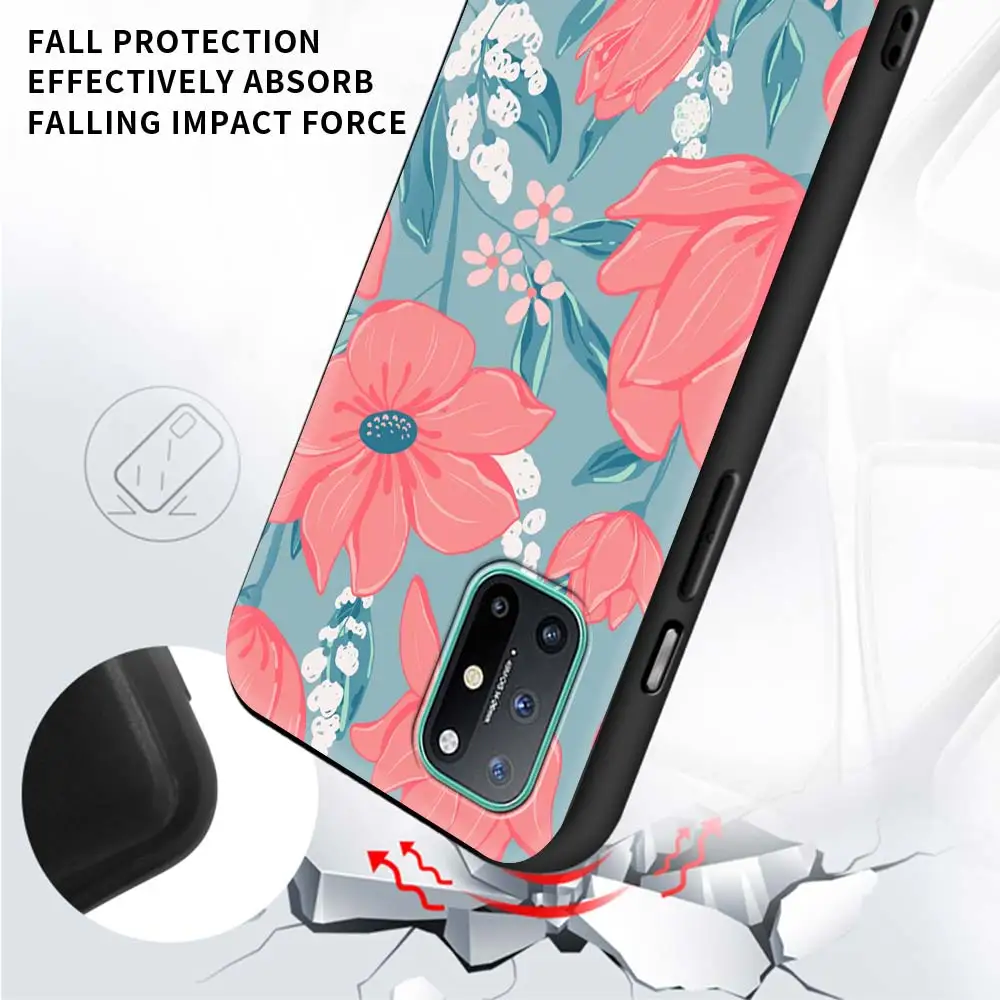 

Phone Case for OnePlus 8T Nord N100 N10 7 7T 8 Pro Z 5G Silicone Soft TPU Black Shell Coque Cover Leaf Rose Flower