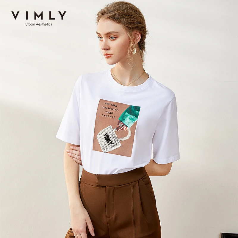 Женская хлопковая Футболка с принтом Vimly повседневная офисная футболка круглым
