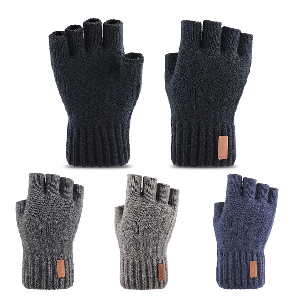 

1 пара шерстяные вязаные перчатки без пальцев зимние плотные теплые варежки для сенсорного экрана уличные эластичные велосипедные перчатк...