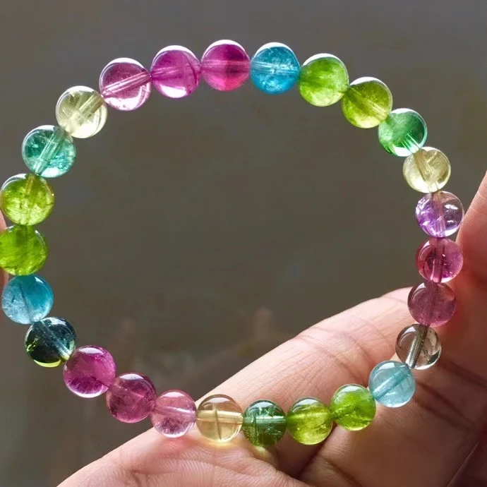 

7mm Genuine Natural Colorful Tourmaline Green Red Quartz Bracelet Clear Round Beads Brazil Women Men Crystal AAAAAA