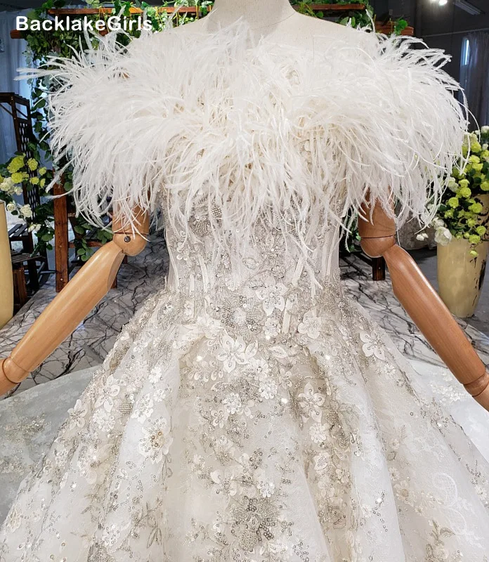 Высококачественные свадебные платья с перьями 2020 Новая мода Сексуальная Лодка