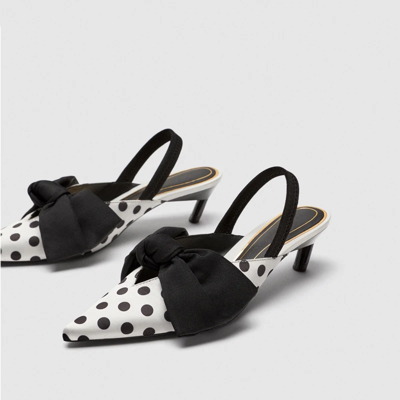 Женские босоножки в горошек без задника на высоком каблуке с бантом котенком и