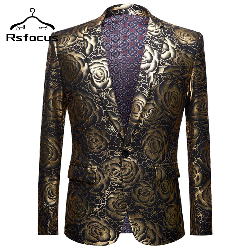 

Блейзер Rsfocus мужской с золотым цветочным рисунком, повседневный пиджак, Роскошный Бронзовый дизайнерский мужской костюм, XZ221