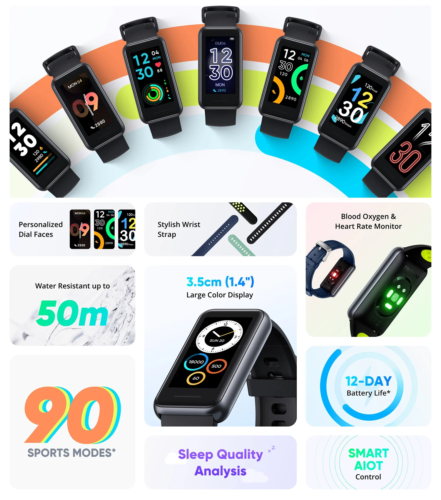 Умным браслетом realme Band 2 5 ATM водонепроницаемые 1.4 большим цветным экраном SpO2