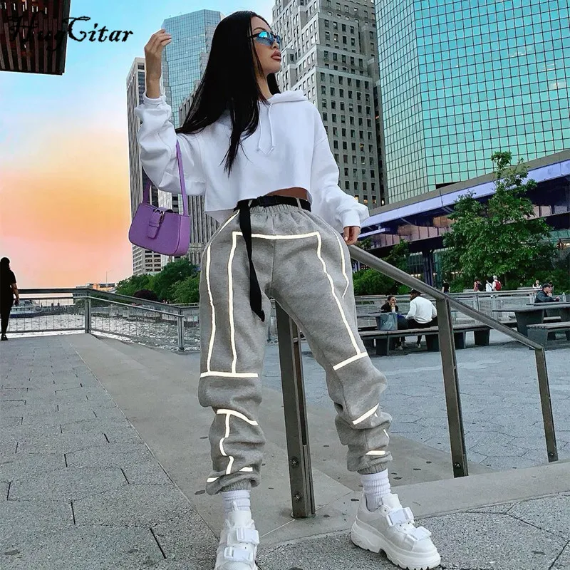 Брюки карго Hugcitar Женские Светоотражающие с завышенной талией свободные штаны в