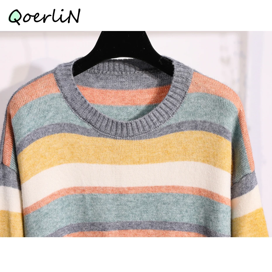 Women Winter Sweater Harajuku Rainbow Striped Pullover Female Plus Size Clothes Autumn Pulls Oversize Poncho Mujer Sueter | Женская