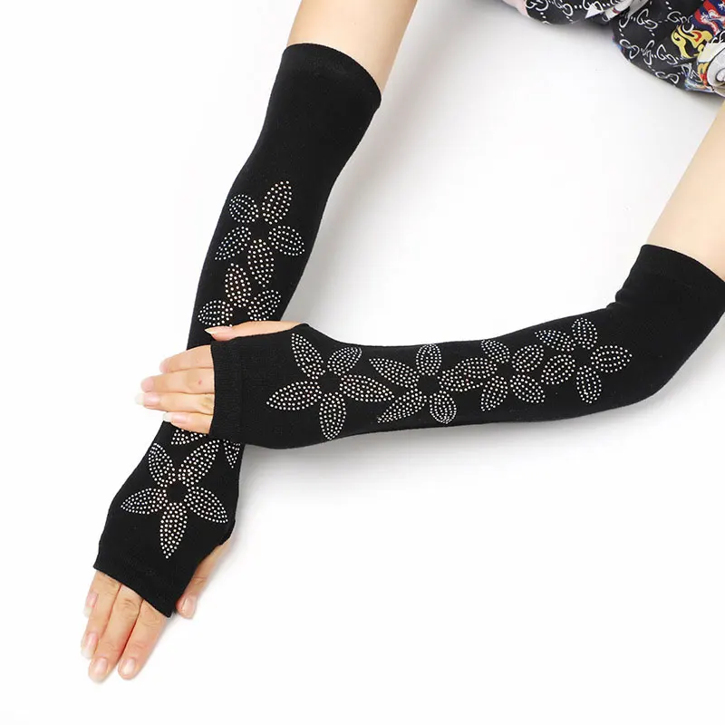 Женские черные длинные вязаные теплые варежки с полупальцами для вождения