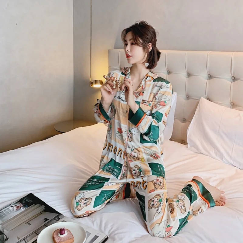 

Satin Silk Pajamas for Women's Set pyjamas Button Pigiama Donna pjs Winter Mujer Pijama Sleepwear Nightwear 2Pcs XG-005