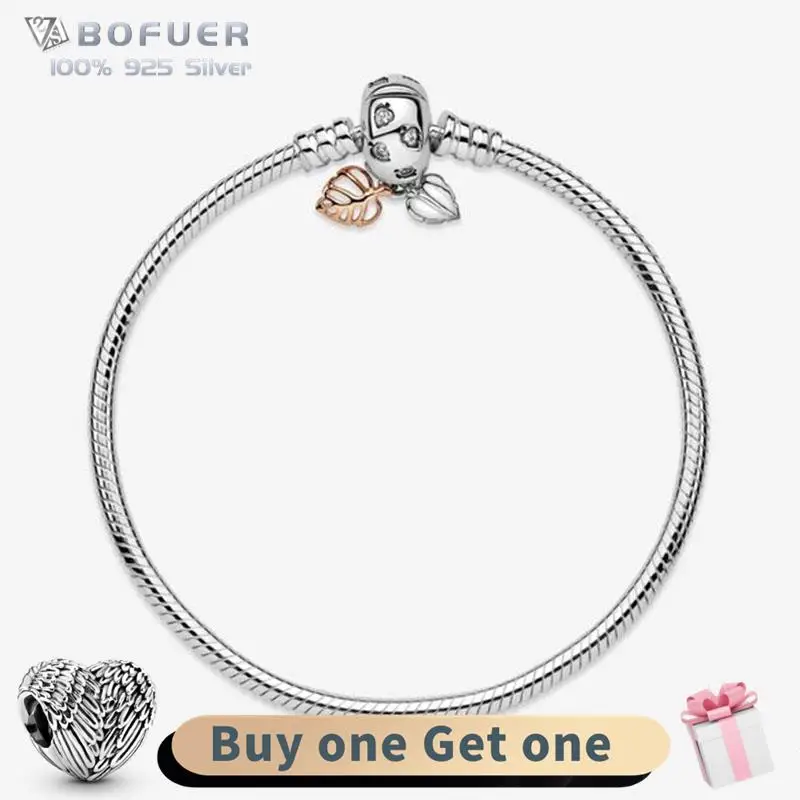 

925 Sterling Silver Color Fallen Leaves Cleasp Snake Chain Bracelet Fit Original DIY Charms for Women Classic Season Beads Gift