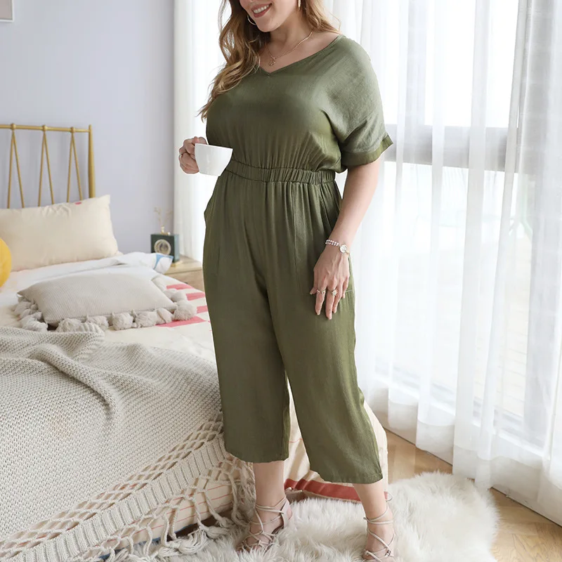 

Plus Size Jumpsuit Summer Women Short-Sleeve Loose Long Pants Casual Trousers Pants Solid Elegant Jumpsuit