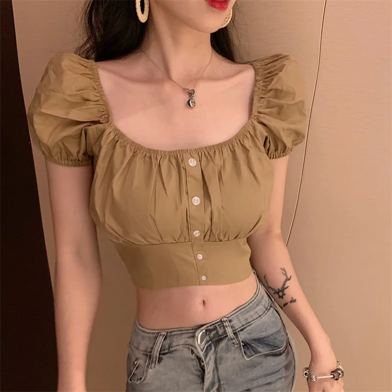 

Women Summer Crop Top Tee Sexy Solid Square Collar Puff Sleeve Girls