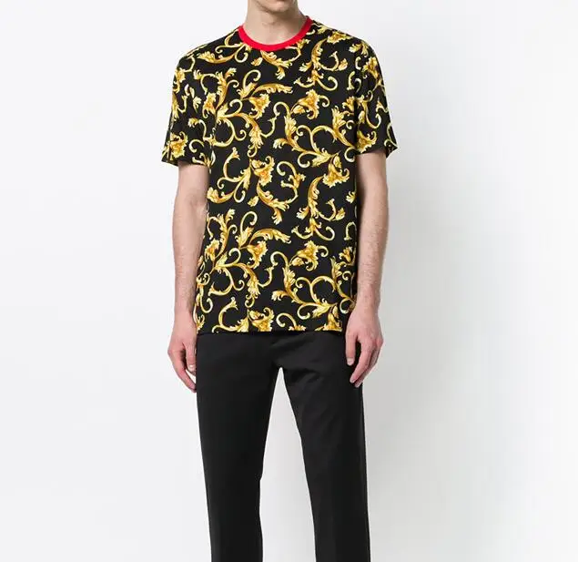 Мужская футболка в стиле хип-хоп с золотым цветочным принтом хлопковая высокого