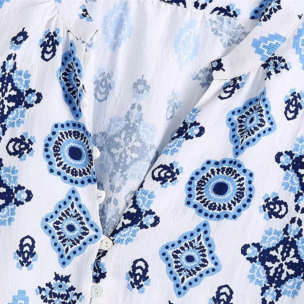 

2021 Blue Print Woman Shirts Casual V-neck Long Puff Sleeve Summer Tops Loose Vintage Button Up China Style Chic Shirt Women