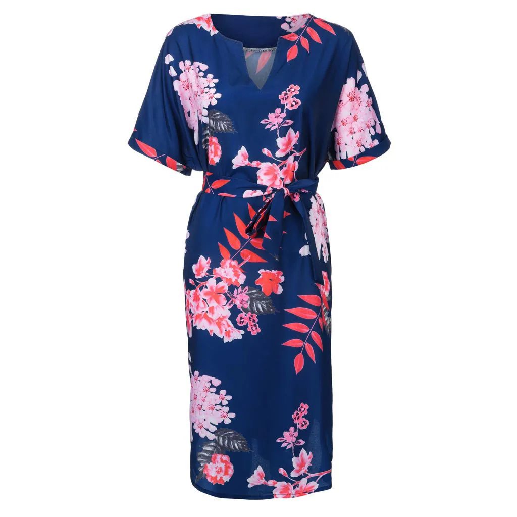Женское платье с v образным вырезом и коротким рукавом летнее цветочным принтом