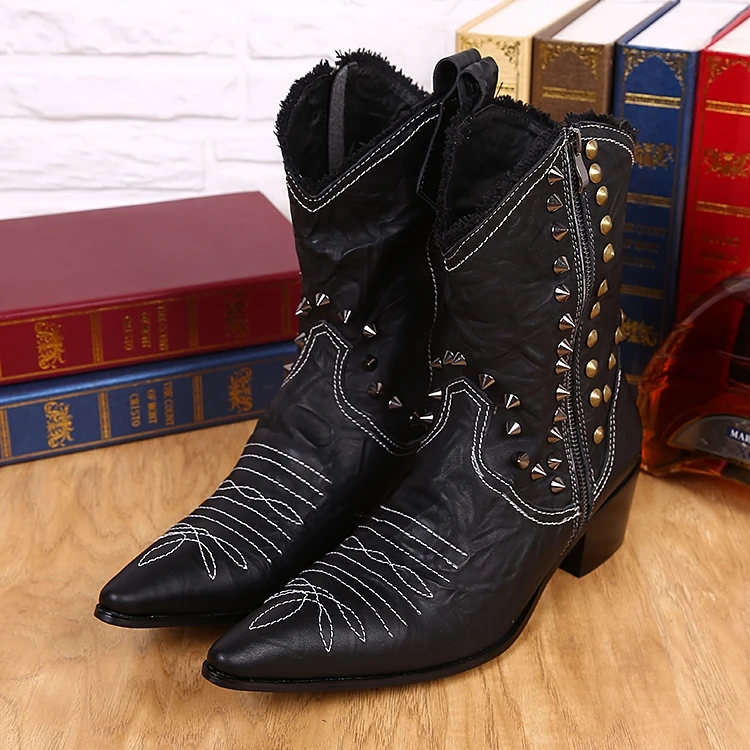 

Christia Bella Pointed Toe Men's Big Size Genuine Leather Long Boots Cowboy Party Male Heighten Boots Men Fashion Rivet Boots