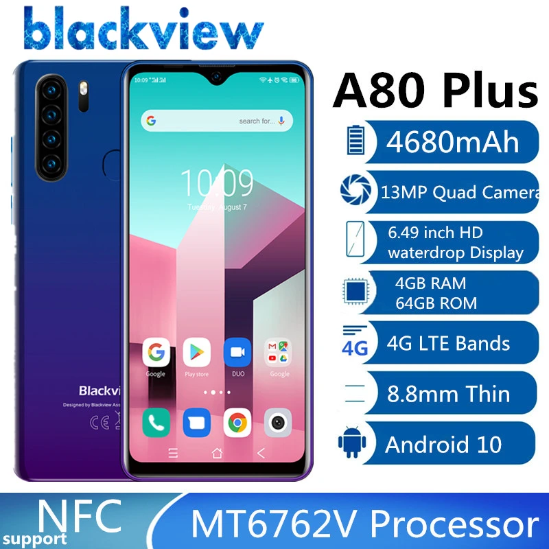 

Blackview A80 Plus Mobile Phone NFC Octa Core 4GB RAM+64GB ROM 13MP Quad Rear Camera 6.49' Waterdrop Smartphone 4G Cellphone